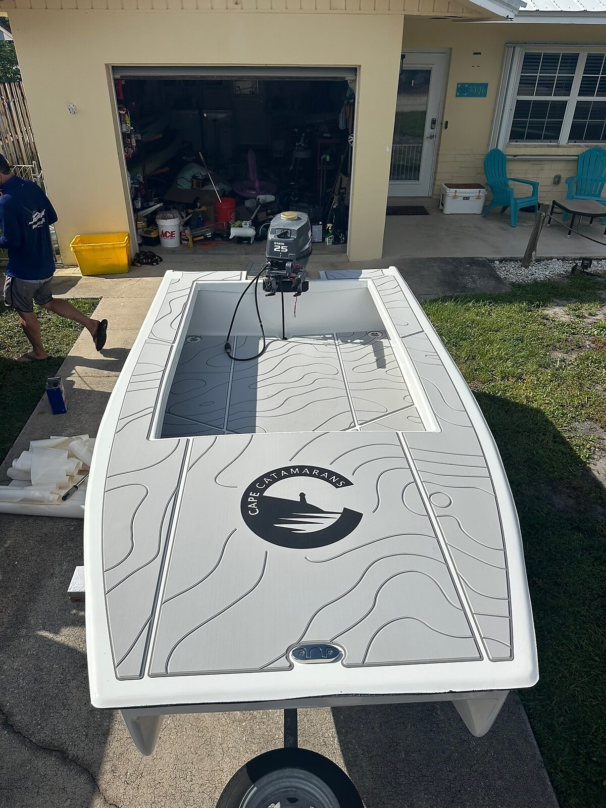 Finished deck with SeaDek pattern and the Cape Catamarans mark