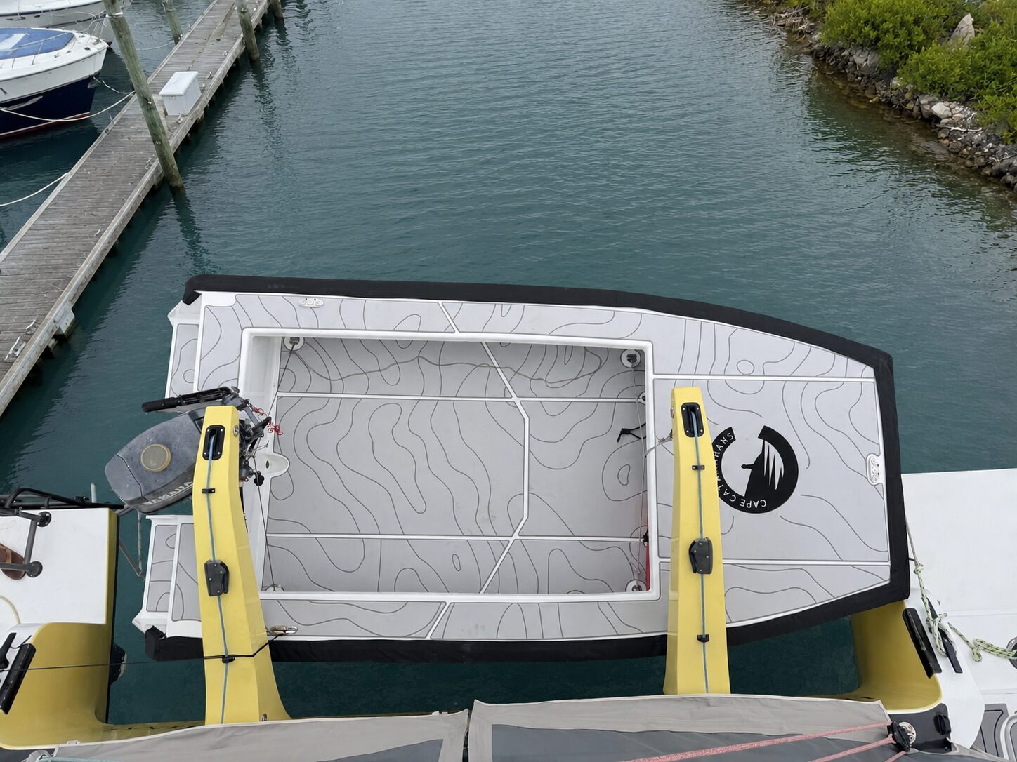 Cape Cat 115 on the davits, seen from the deck above