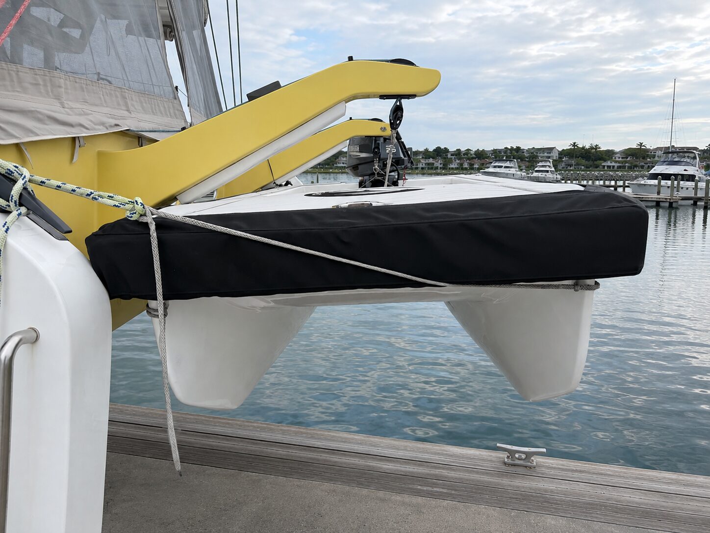 Cape Cat 115 on the davits, side view at the marina