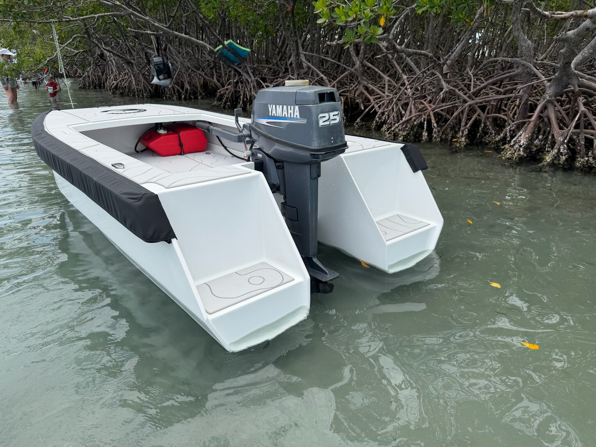 Bow-on at the mangroves, the tunnel between the twin hulls