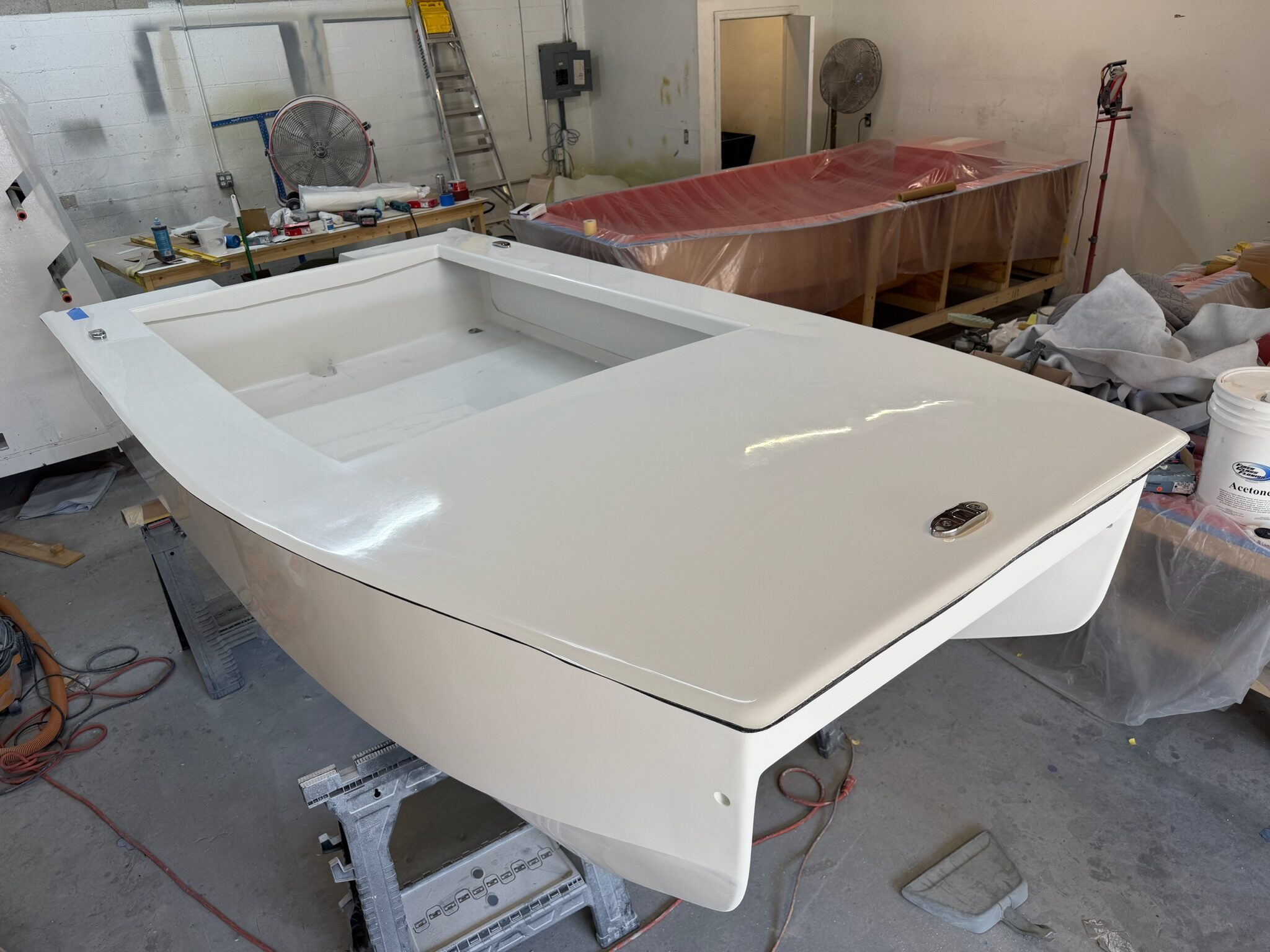 Finished hull on the stands in the Florida shop