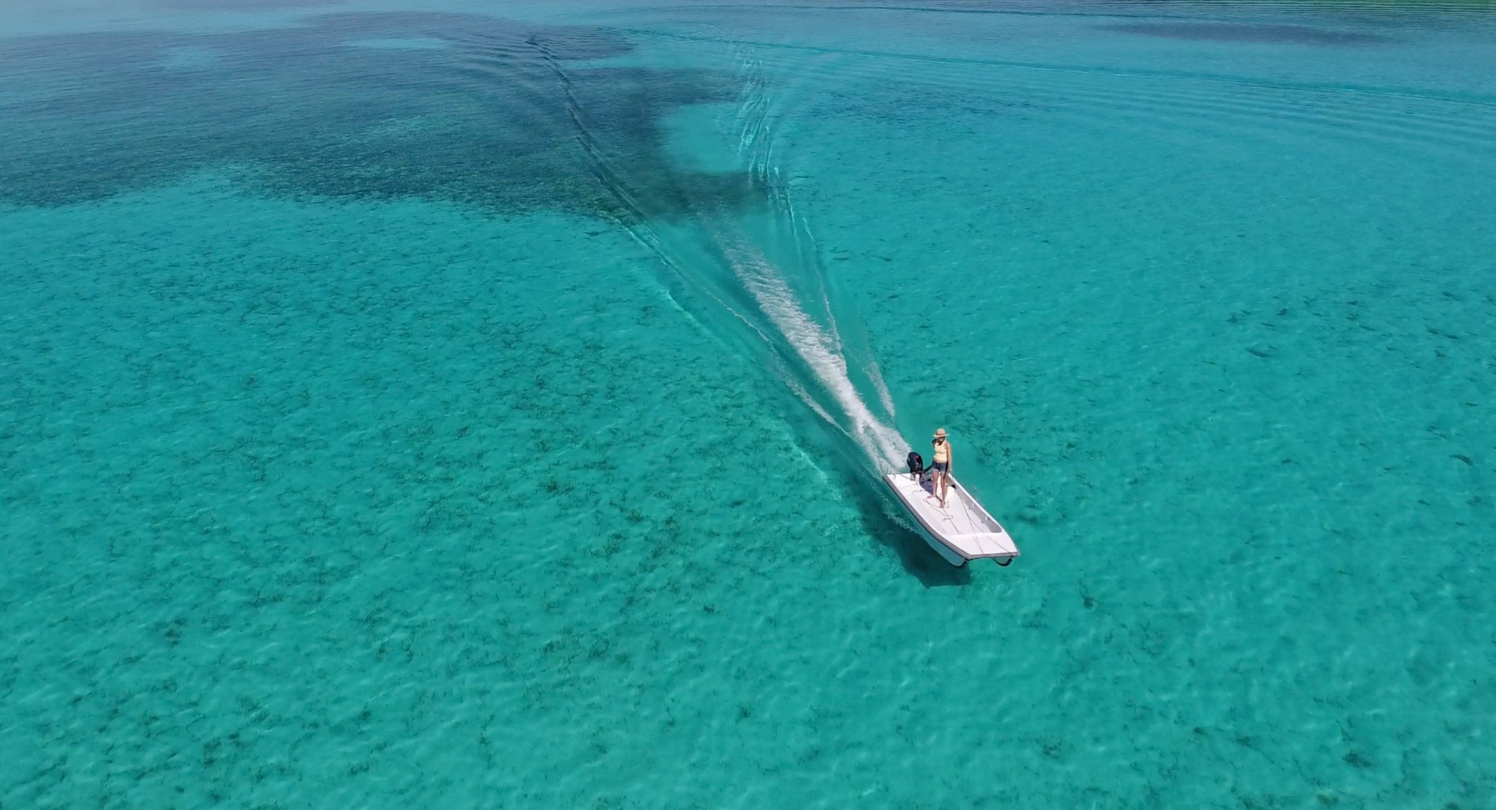 Cape Cat running solo over turquoise flats with wake trail